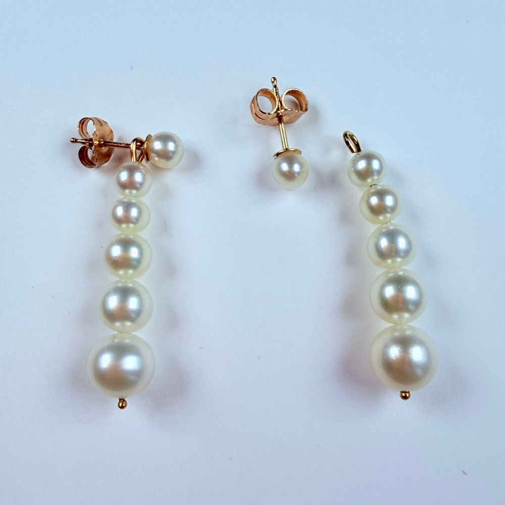 14K Gold Cultured Graduated 4-6.5mm Pearl 2 In 1 Stud & Drop Vintage Earrings